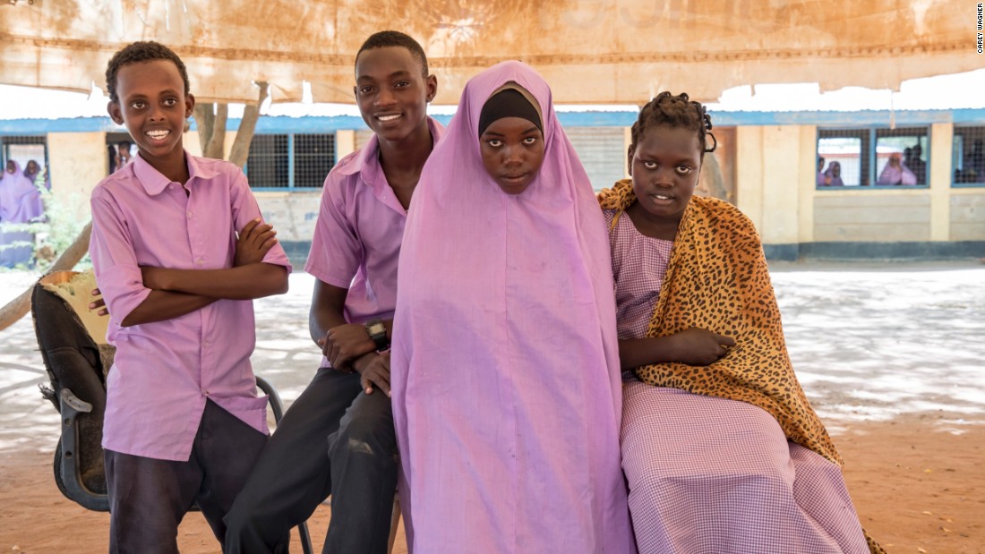 Feisal Saney Zuber, Elisa Elisama Mangu, Safiyo Noor Hassan and Stella Poni Vuni, from left, are students at Illeys Elementary School in Dadaab Refugee Camp. All wrote letters to fifth-grade students in Colorado.