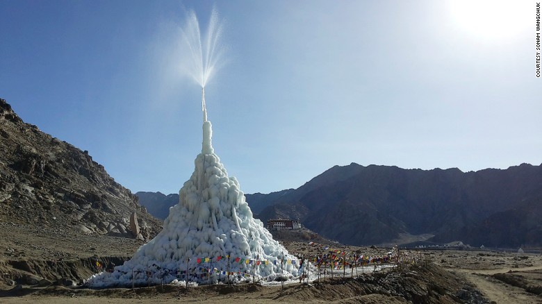 An ice stupa in the Ladakh region of India. This &#39;artificial glacier&#39; is created using only a pipe and water pressure and can help farmers fight the effects of climate change in the region.