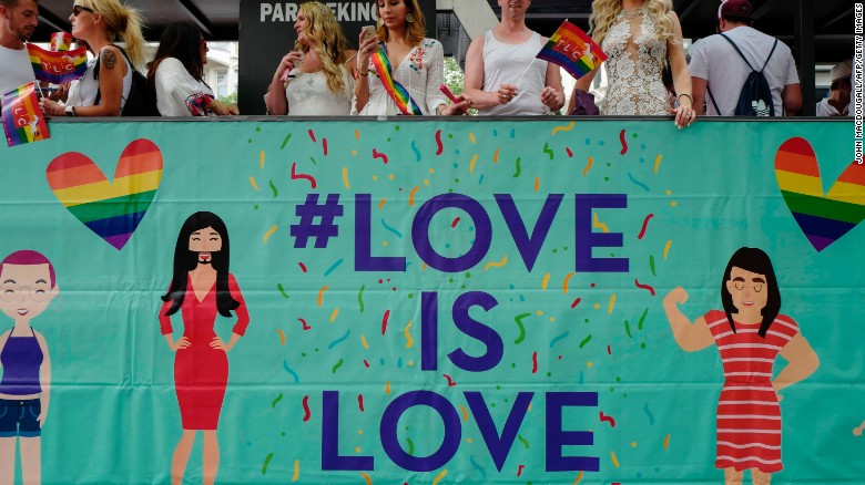 A &quot;Love is Love&quot; float makes its way through Berlin's streets during the parade. 