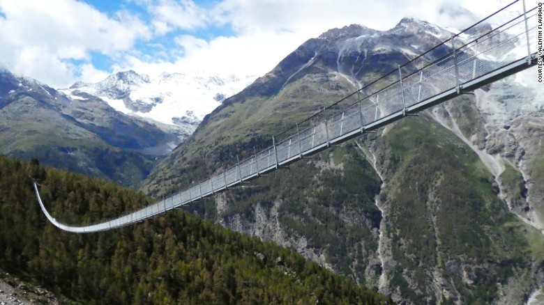 Measuring 1621 feet long, the newly opened Charles Kuonen Suspension Bridge is the world&#39;s longest pedestrian suspension bridge, according to Zermatt Tourism. 