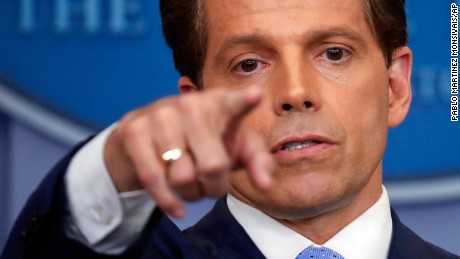 Incoming White House communications director Anthony Scaramucci points as he answers questions from members of the media during the press briefing in the Brady Press Briefing room of the White House in Washington, Friday, July 21, 2017. (AP Photo/Pablo Martinez Monsivais)