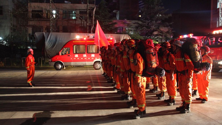 Firefighters in China&#39;s Gansu province preparing to head to Sichuan on August 8.