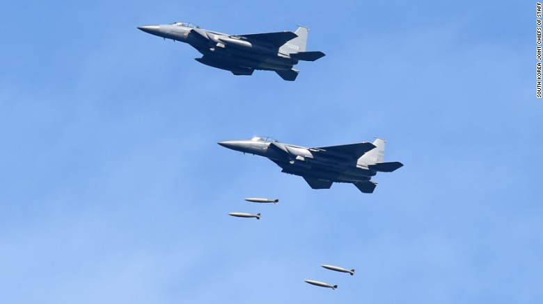 TwoF-15K fighter jets dropping MK 84 bombs as part of a South Korean live-fire drill Tuesday morning.