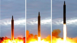  Photos appearing the show the launch of a missile which flew from North Korea over Japan on Aug 29 2017, published by North Korean State newspaper Rodong Sinmun