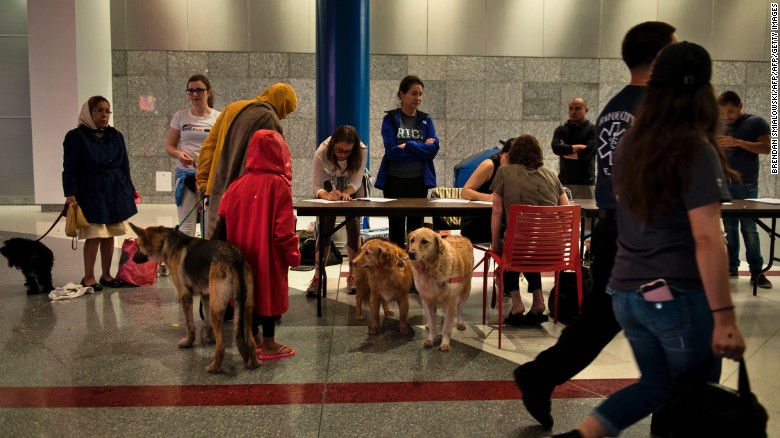 Evacuees have been able to bring their pets to a temporary shelter in downtown Houston&#39;s George R. Brown Convention Center, which has more than 10,000 people.