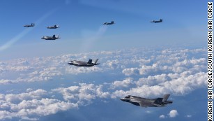 US F-35 fighter jets take part in an exercise with South Korean jets. 