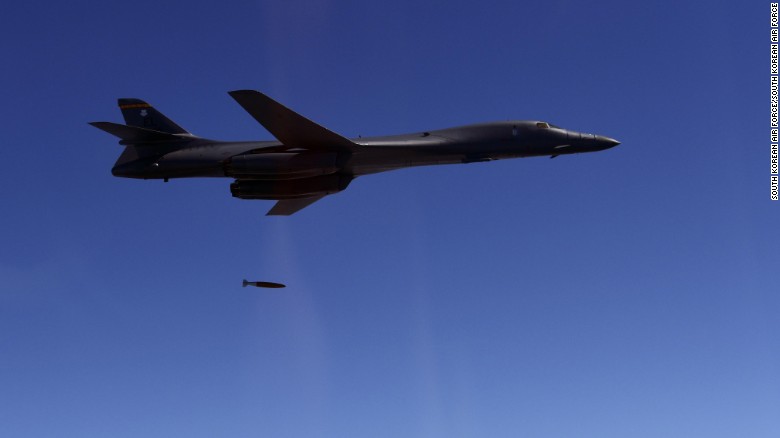 A US B-1B bomber is seen during an exercise over the Korean Peninsula on Thursday.