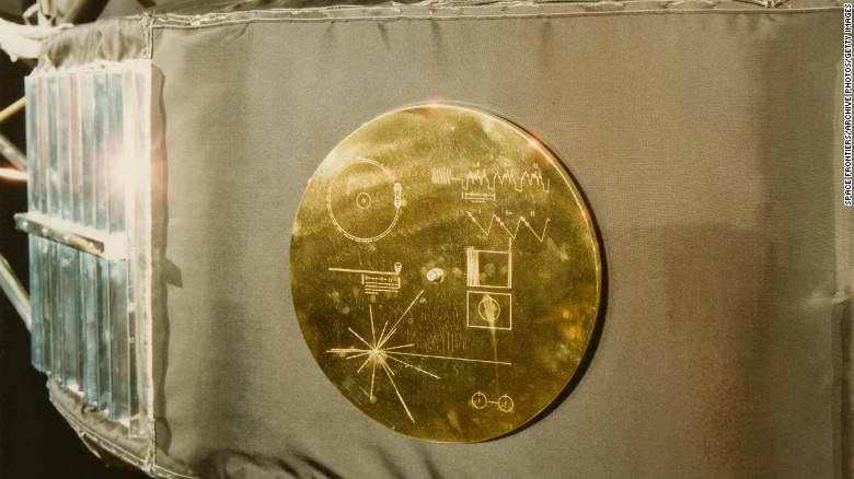 A gold record in its cover, attached to a Voyager space probe, USA, circa 1977.