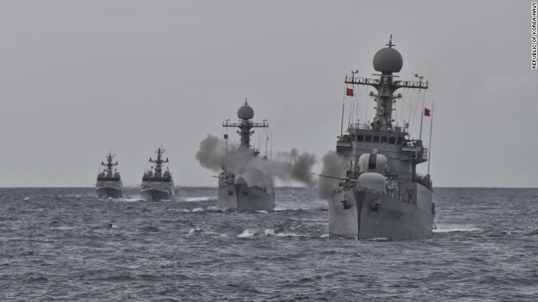 South Korea&#39;s Navy conducted a live-fire drill in the waters off the east coast of the Korean Peninsula in response to North Korea&#39;s Sunday nuclear test. 