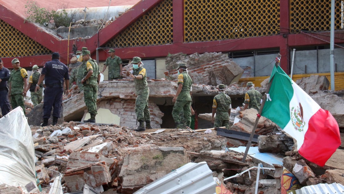 Soldiers remove debris from a partially collapsed municipal building in Juchitan, Mexico, on Friday, September 8. &lt;a href=&quot;http://www.cnn.com/2017/09/08/americas/earthquake-hits-off-the-coast-of-southern-mexico/index.html&quot; target=&quot;_blank&quot;&gt;A magnitude-8.1 earthquake&lt;/a&gt; was registered the night before off Mexico&#39;s southern coast. It is the strongest quake to hit the country in 100 years, according to President Enrique Peña Nieto.