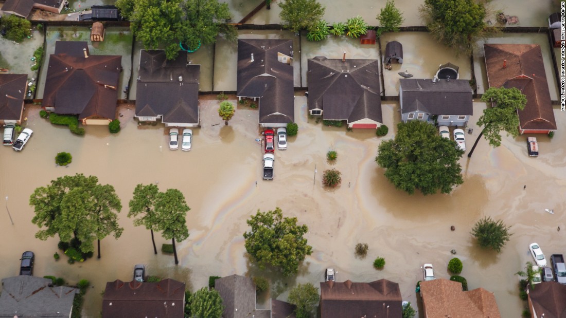 Neighborhoods near Interstate 10 in Houston sit in floodwaters in the wake of Hurricane Harvey.