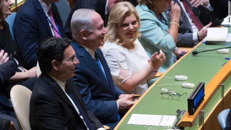 Israeli Prime Minister Benjamin Netanyahu, center, and his wife Sara Netanyahu, right, and Ambassador to the United Nations Danny Danon.