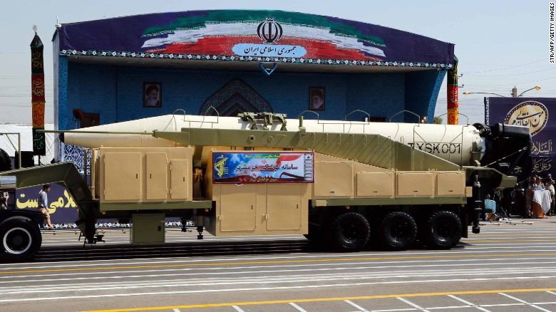 The new Iranian missile Khorramshahr is displayed during a military parade Friday in Tehran.