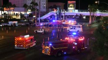 Police and emergency responders gather at the intersection of Las Vegas Boulevard and Tropicana Avenue.