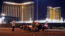 Police take position outside the Mandalay Bay.