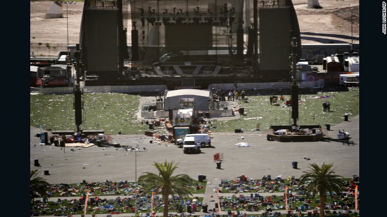 Debris is scattered on the ground Monday, October 2, at the site of a country music festival held this past weekend in Las Vegas. Dozens of people were killed and hundreds were injured Sunday when &lt;a href=&quot;http://www.cnn.com/2017/10/02/us/las-vegas-shooter/index.html&quot; target=&quot;_blank&quot;&gt;a gunman opened fire&lt;/a&gt; on the crowd. Police said the gunman fired from the Mandalay Bay hotel, several hundred feet southwest of the concert grounds. It is the deadliest mass shooting in modern US history.