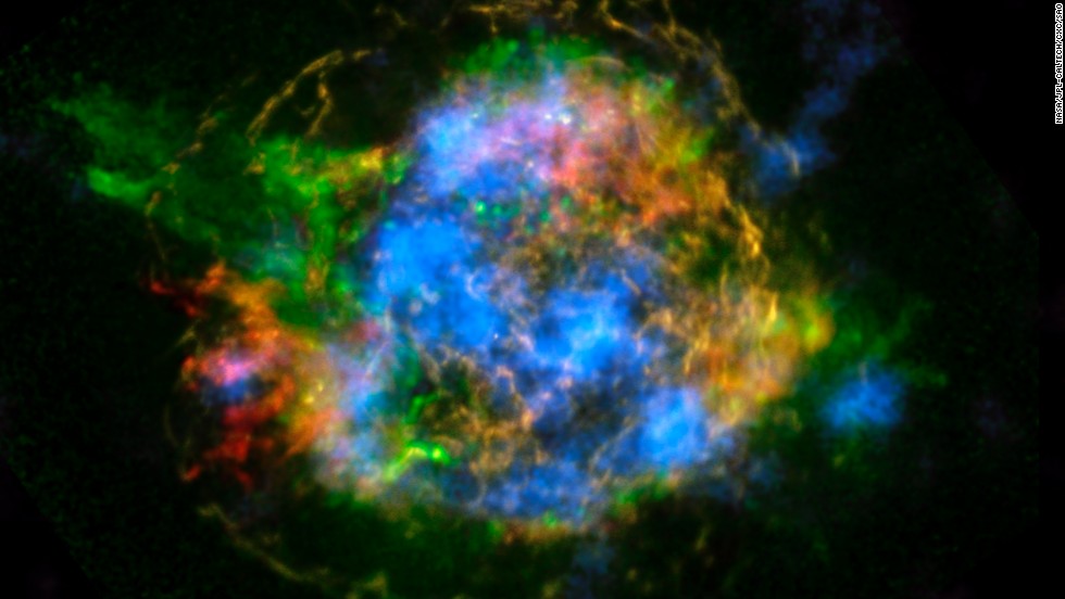 NASA&#39;s NuSTAR telescope array generated the first map of radioactivity in the remnants of an exploding star, or supernova. Blue in this image of Cassiopeia A represents radioactive material. 