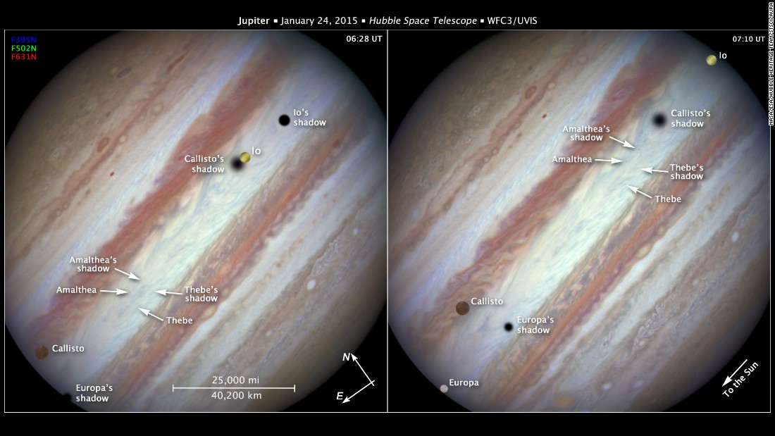 The Hubble Space Telescope captured images of Jupiter&#39;s three great moons -- Io, Callisto, and Europa -- passing by at once.