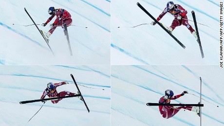 TOPSHOT - (COMBO) This combination of pictures created on January 23, 2016 shows
Aksel Lund Svindal of Norway crashing as he competes during the men&#39;s downhill of FIS Ski World cup in Kitzbuehel,Austria on January 23, 2016.   / AFP / JOE KLAMAR        (Photo credit should read JOE KLAMAR/AFP/Getty Images)