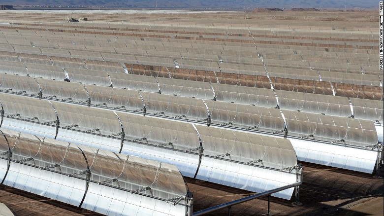 Solar mirrors at the Noor 1 concentrated solar power plant outside the central Moroccan town of Ouarzazate slowly follow the sun as it moves across the sky during the day. 