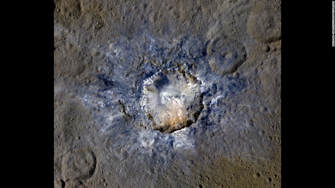 On April 19, NASA released new images of bright craters on Ceres. This photo shows the Haulani Crater, which has evidence of landslides from its rim. Scientists believe some craters on the dwarf planet are bright because they are relatively new. 