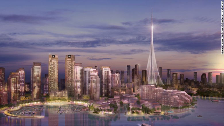 A rendering of the Dubai Creek Tower at the center of the upcoming harbour complex.