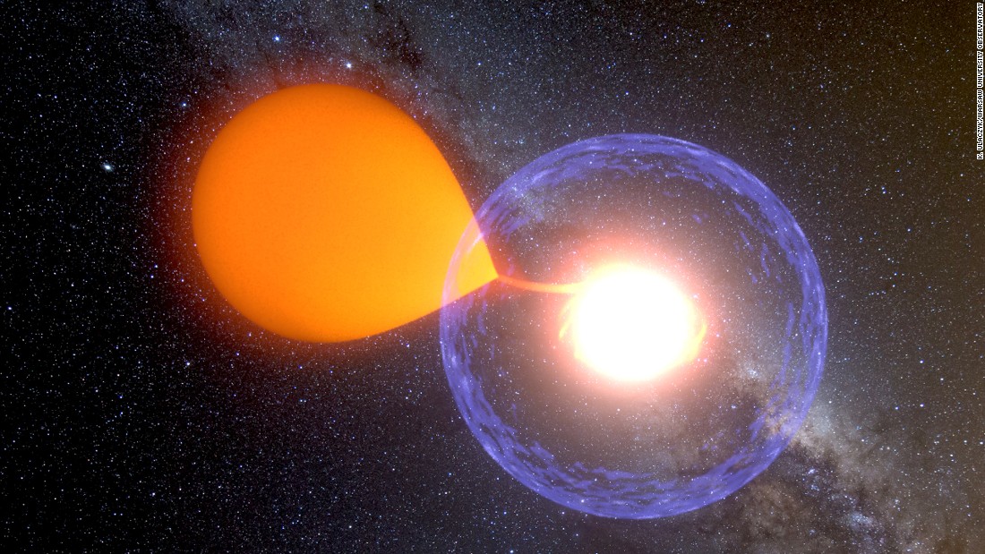 A classical nova occurs when a white dwarf star gains matter from its secondary star (a red dwarf) over a period of time, causing a thermonuclear reaction on the surface that eventually erupts in a single visible outburst. This creates a 10,000-fold increase in brightness, depicted here in an artist&#39;s rendering.