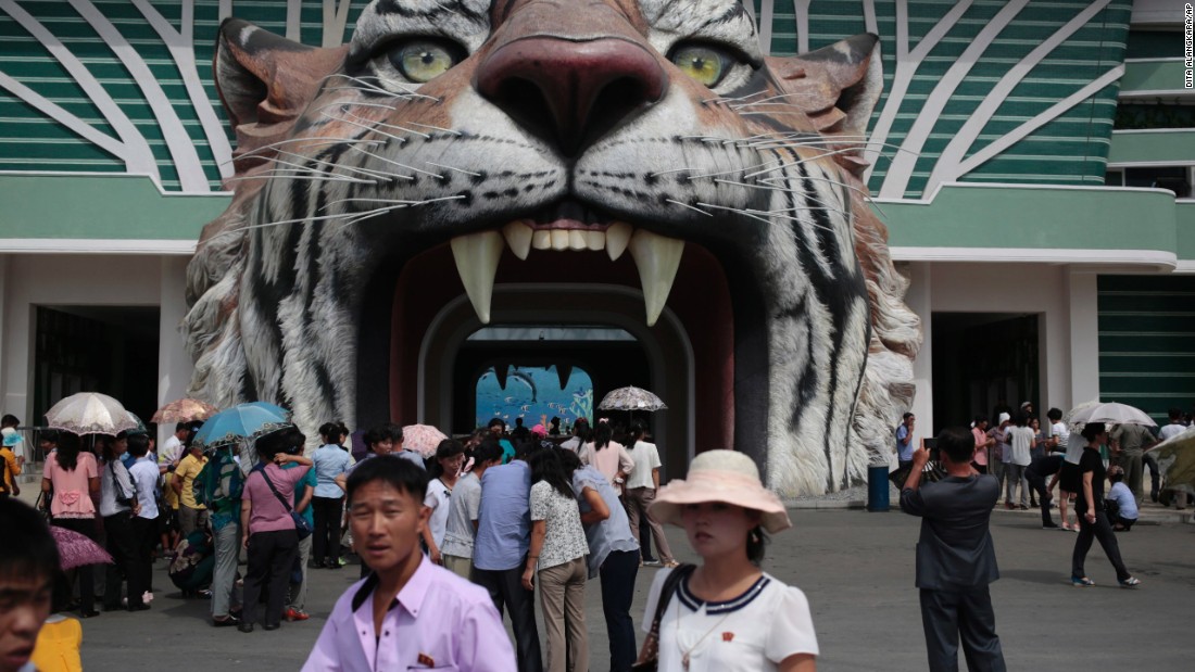 Visitors wait at the gate of the newly opened Pyongyang Central Zoo in the North Korean capital.