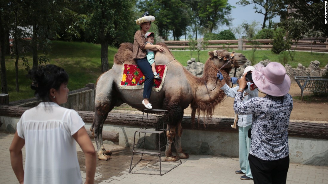 A North Korean and her son pose for a photo on the back of a camel at the newly opened North Korean zoo.