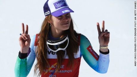 BEAVER CREEK, CO - FEBRUARY 06: Tina Maze, Slovenia, acknowledges a photographer as she heads to the flower ceremony after winning the downhill race at the FIS Alpine World Ski Championships at Beaver Creek Resort February 06, 2015. (Photo by Andy Cross/The Denver Post via Getty Images)