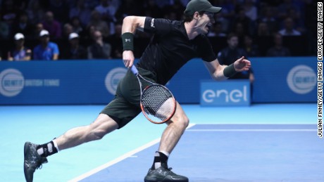 LONDON, ENGLAND - NOVEMBER 16:  Andy Murray of Great Britain sprints to the net during his mens singles match against Kei Nishikori of Japan on day four of the ATP World Tour Finals at O2 Arena on November 16, 2016 in London, England.  (Photo by Julian Finney/Getty Images)