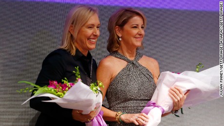 SINGAPORE - OCTOBER 30:  Martina Navratilova and Chris Evert on stage at Singapore Tennis Evening during BNP Paribas WTA Finals at Marina Bay Sands on October 30, 2015 in Singapore.  (Photo by Julian Finney/Getty Images)