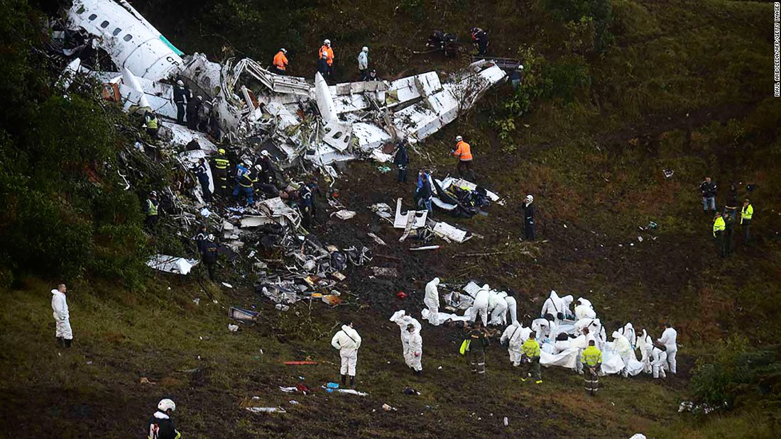 Rescuers search for survivors from the wreckage of the LaMia Airlines charter plane that crashed last month in Colombia. 