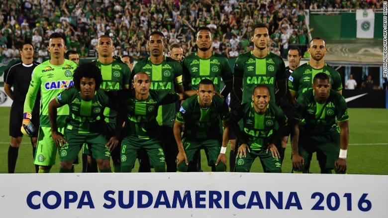 Chapecoense players pose for pictures during their 2016 Copa Sudamericana semifinal second leg football match on November 23. 