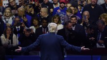 President-elect Donald Trump greets teh audience during the USA Thank You Tour at the US Bank Arena in Cincinnati, Ohio on December 1, 2016.