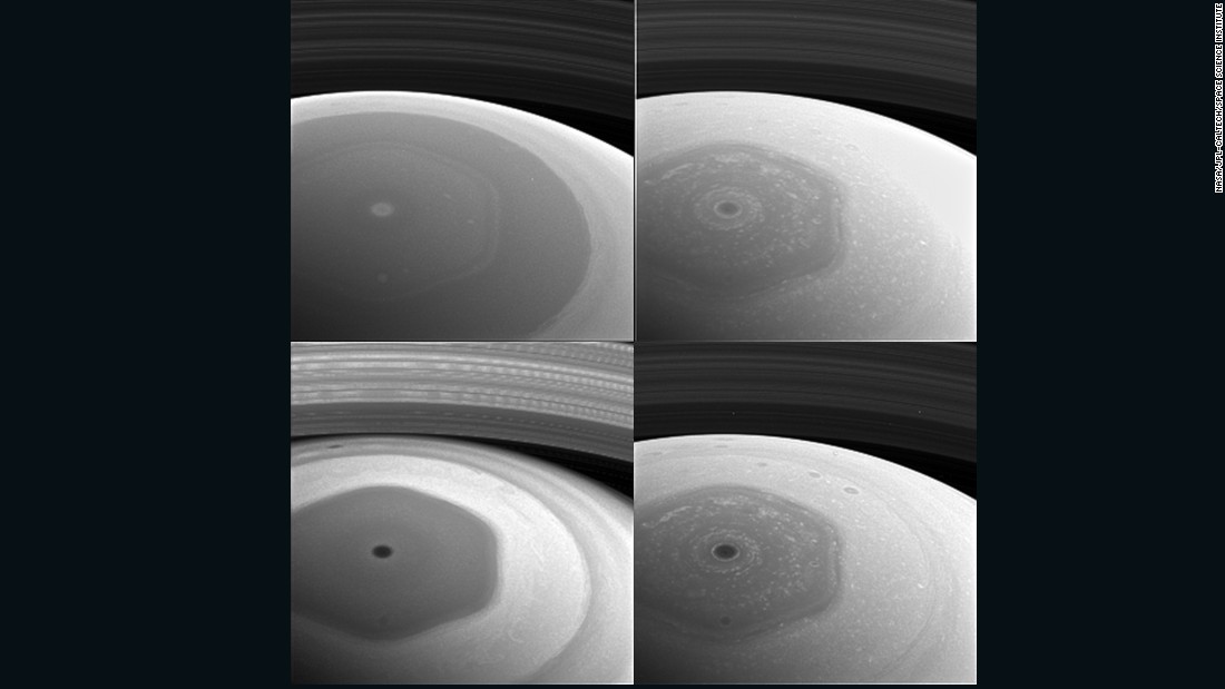 NASA&#39;s Cassini spacecraft took these images of the planet&#39;s mysterious hexagon-shaped jetstream in December 2016. The hexagon was discovered in images taken by the Voyager spacecraft in the early 1980s. It&#39;s estimated to have a diameter wider than two Earths.