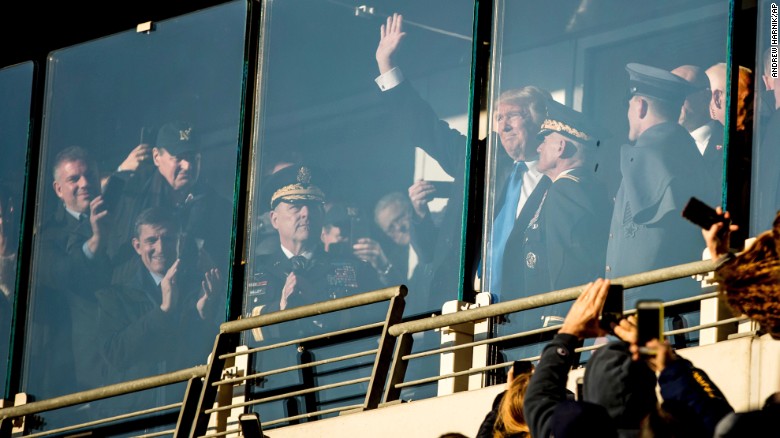 President-elect Donald Trump waves during the Army-Navy football game, which was played in Baltimore on Saturday, December 10.