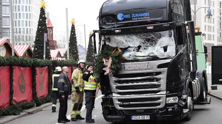 View of the truck that crashed the evening before into a christmas market at Gedächtniskirche church.