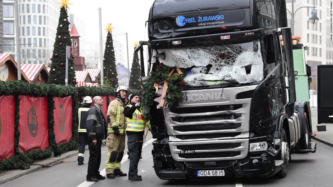 View of the truck that crashed the evening before into a christmas market at Gedächtniskirche church on early December 20, 2016 in Berlin.
German police said December 20, 2016 they were treating as &quot;a probable terrorist attack&quot; the killing of 12 people when a lorry ploughed through a packed Berlin Christmas market. / AFP / Tobias SCHWARZ        (Photo credit should read TOBIAS SCHWARZ/AFP/Getty Images)