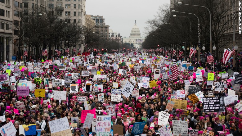 A large crowd walks down Pennsylvania Avenue after the start of the Women's March on Washington in Washington, D.C., on Saturday, January 21. Organizers said the march is sending a message to Donald Trump that "women's rights are human rights." Similar protests unfolded across the country.