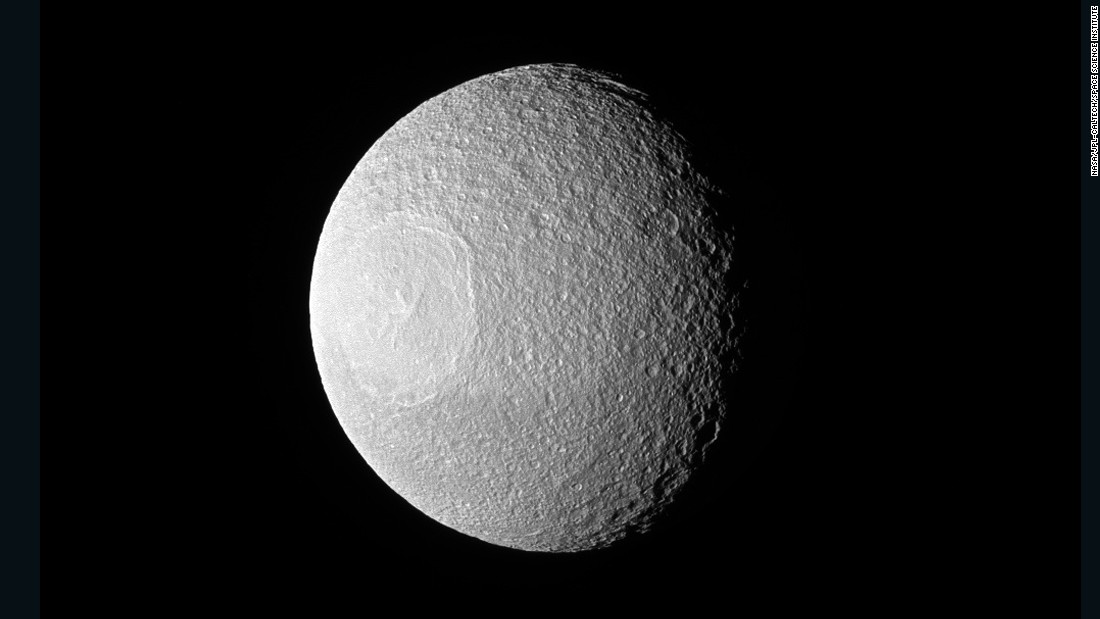 This photo of Saturn&#39;s large icy moon, Tethys, was taken by NASA&#39;s Cassini spacecraft, which sent back some&lt;a href=&quot;http://www.cnn.com/2014/06/27/tech/gallery/cassinis-top-discoveries/&quot; target=&quot;_blank&quot;&gt; jaw-dropping images&lt;/a&gt; from the ringed planet. 