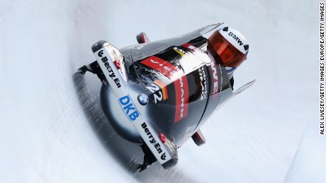 ST MORITZ, SWITZERLAND - JANUARY 09:  Maximilian Arndt and Martin Putze of Germany during a training run for the Men&#39;s Bobsleigh event at the Viessmann FIBT Bob &amp; Skeleton World Cup at Olympia Bob Run on January 9, 2014 in St Moritz, Switzerland.  (Photo by Alex Livesey/Getty Images)