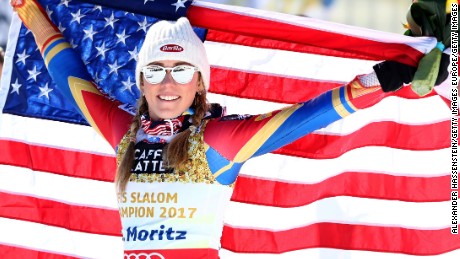 ST MORITZ, SWITZERLAND - FEBRUARY 18:  Mikaela Shiffrin of The United States celebrates winning the gold medal after the flower ceremony in the Women&#39;s Slalom during the FIS Alpine World Ski Championships on February 18, 2017 in St Moritz, Switzerland.  (Photo by Alexander Hassenstein/Getty Images)