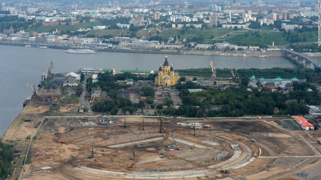 Situated at the confluence of the Volga and Oka rivers, the stadium is designed to resemble the shimmering waters that surround it. The 45,331-capacity arena will be built close to the Alexander Nevsky cathedral and have views across to the Nizhny Novgorod Kremlin.