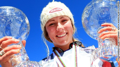 ASPEN, CO - MARCH 19:  Mikaela Shiffrin of United States celebrates with the globes for being awarded the overall season ladies&#39; champion and lasies&#39; season slalom champion at the 2017 Audi FIS Ski World Cup Finals at Aspen Mountain on March 19, 2017 in Aspen, Colorado.  (Photo by Tom Pennington/Getty Images)