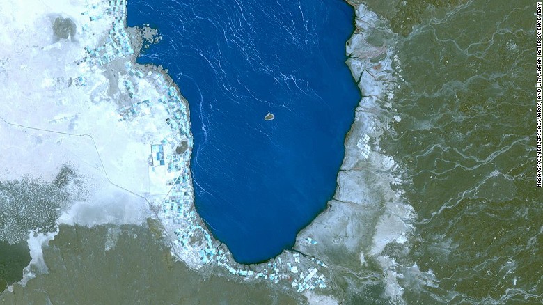 This hypersaline lake, called  Lake Afrera, can be seen in this image taken by the NASA Terra spacecraft.
