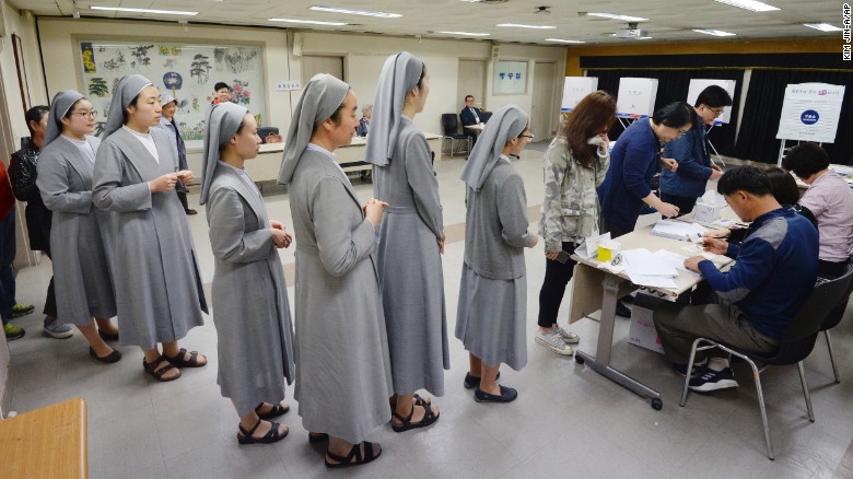 South Korean Catholic nuns line up to cast their ballots in the May 9 presidential election.