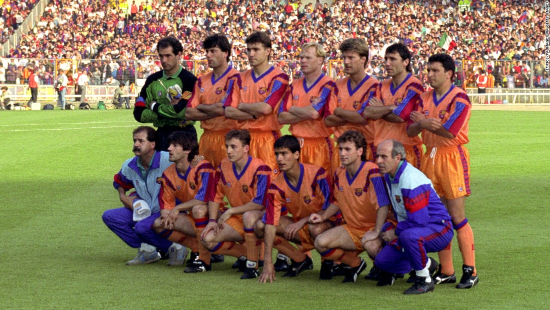 Barcelona Team Group. (Back Row L-R) Andoni Zubizarreta, Nando, Julio Salinas, Ronald Koeman, Michael Laudrup, Hristo Stoichkov, Eusebio Sacristan, (Front Row L-R) Jose Mari Bakero, Albert Ferrer, Josep Guardiola, Juan Carlos