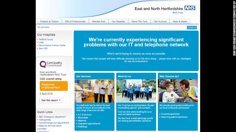 The East and North Hertfordshire NHS Trust  reports IT problems on its website.
