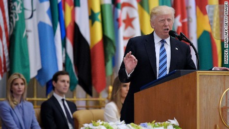 US President Donald Trump speaks during the Arabic Islamic American Summit at the King Abdulaziz Conference Center in Riyadh on May 21, 2017.
Trump tells Muslim leaders he brings message of &#39;friendship, hope and love&#39; / AFP PHOTO / MANDEL NGAN        (Photo credit should read MANDEL NGAN/AFP/Getty Images)